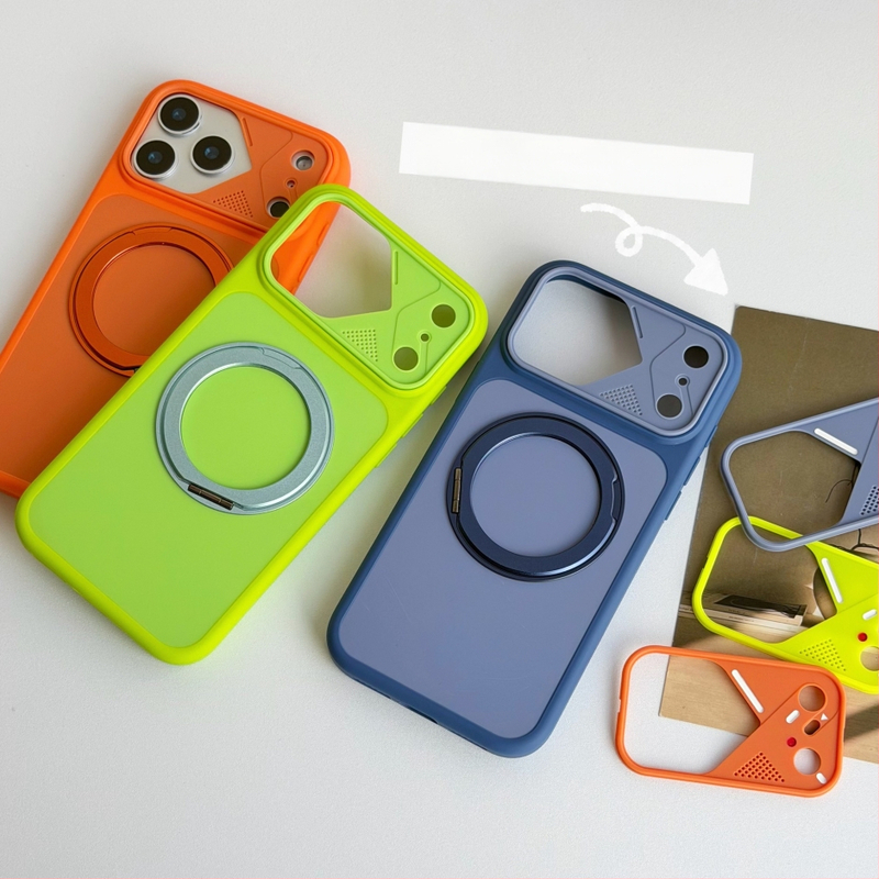 Suport magnetic rotativ la 360° cu design color-block, pentru husă iPhone 17 și iPhone 18 Pro Max, textură de piele