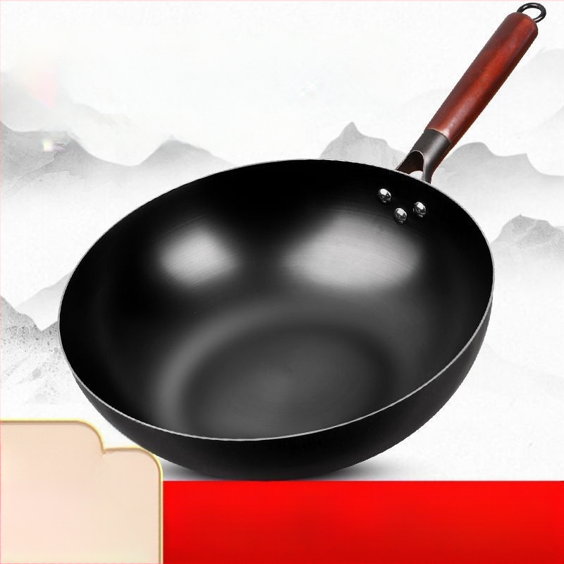 Tigaie wok mini din fier, antiaderentă, compatibilă cu plita cu inducție, diametru 30 cm