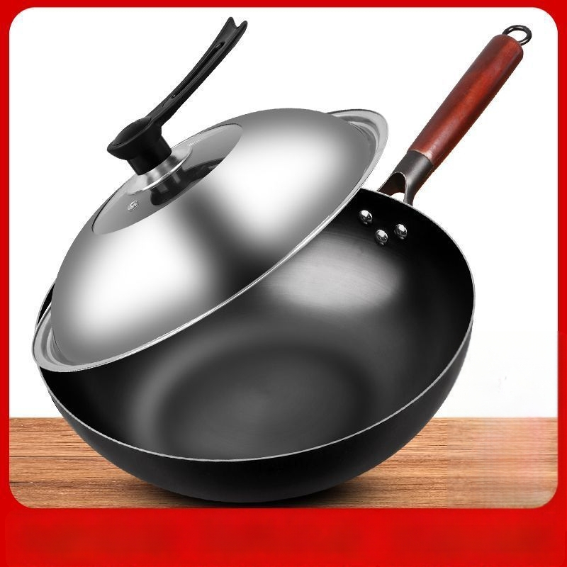 Tigaie wok mini din fier, antiaderentă, compatibilă cu plita cu inducție, diametru 30 cm