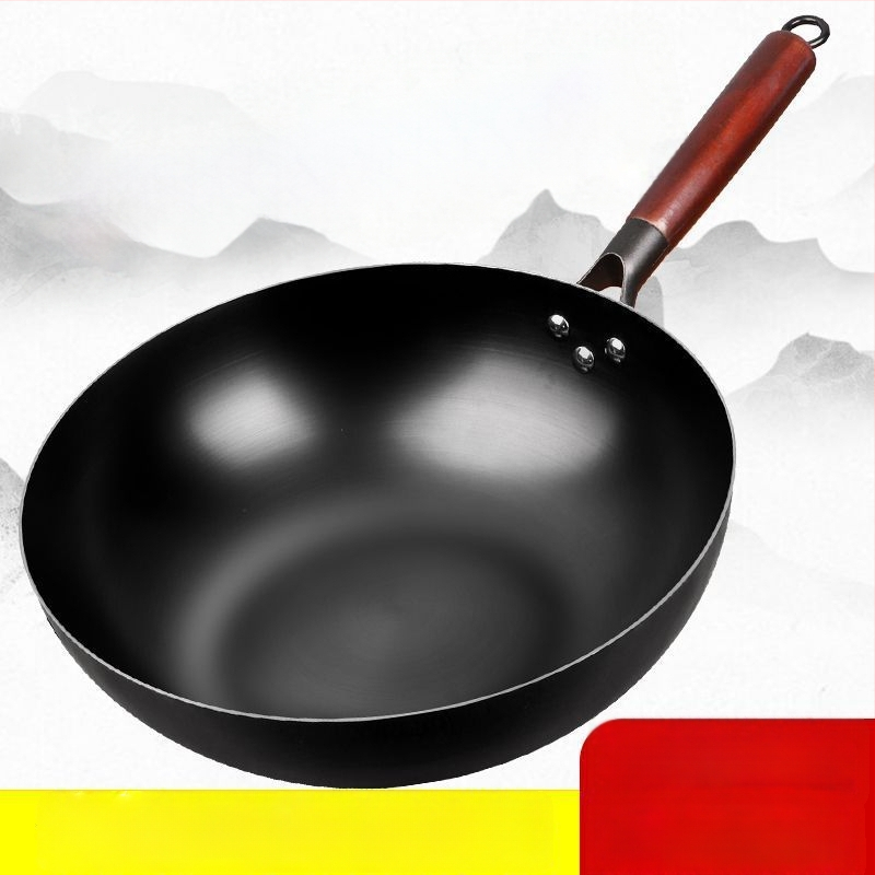 Tigaie wok mini din fier, antiaderentă, compatibilă cu plita cu inducție, diametru 30 cm