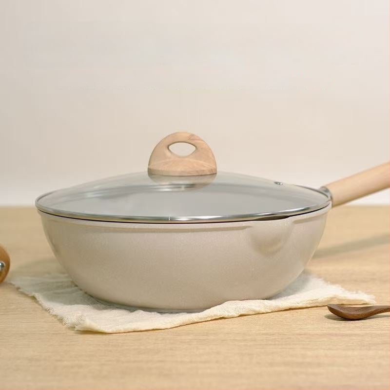 Wok cu piatră Maifan, antiaderent, fund plat și profund, pentru fripturi, capac de sticlă, design elegant