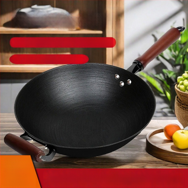 Wok tradițional din fontă, fără strat, pentru uz casnic, fund rotund și plat, compatibil cu plita cu inducție și aragaz
