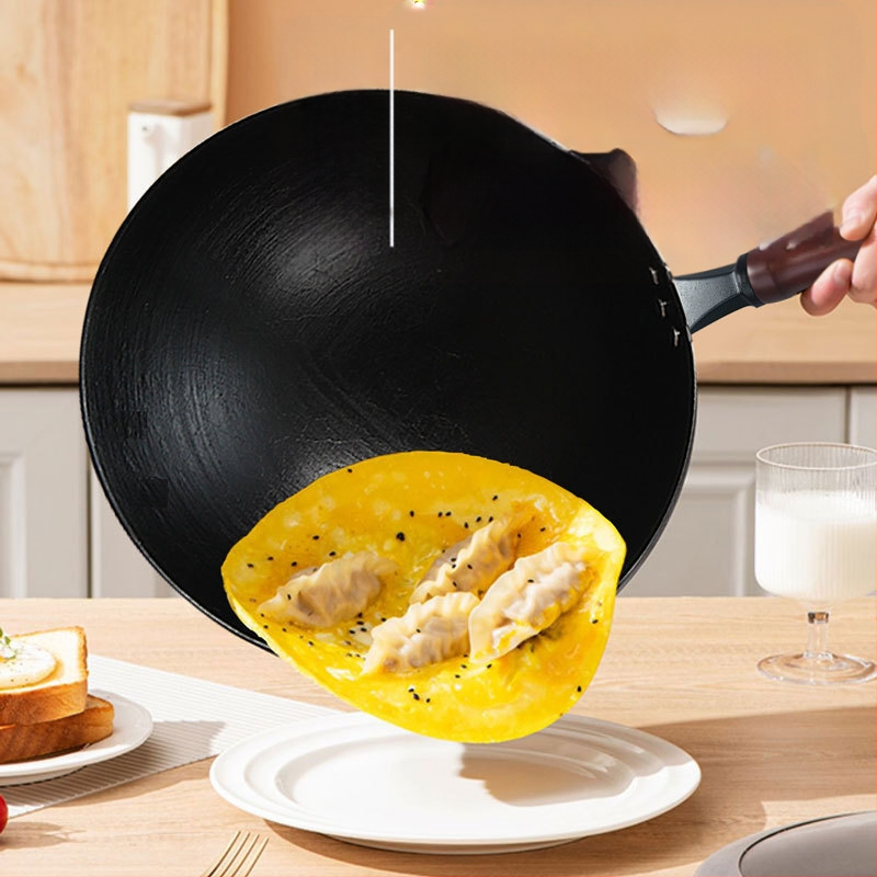 Wok tradițional din fontă, fără strat, pentru uz casnic, fund rotund și plat, compatibil cu plita cu inducție și aragaz