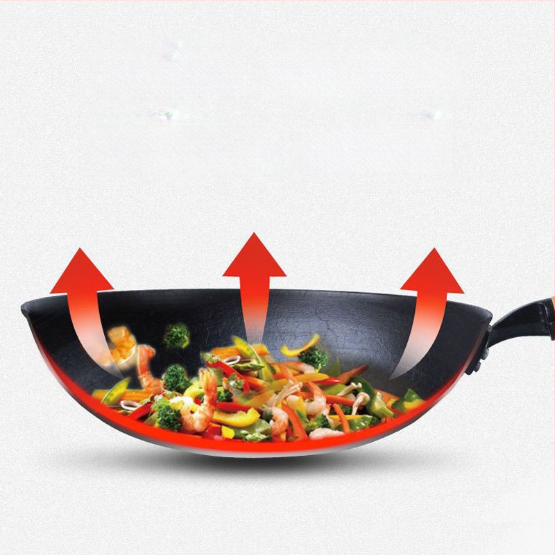 Wok tradițional din fontă, fără strat, pentru uz casnic, fund rotund și plat, compatibil cu plita cu inducție și aragaz