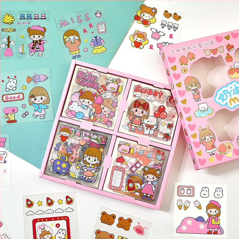 Set de 100 autocolante pentru jurnal, PET transparent, personaje de desene animate, impermeabile, fără reziduuri, decor DIY