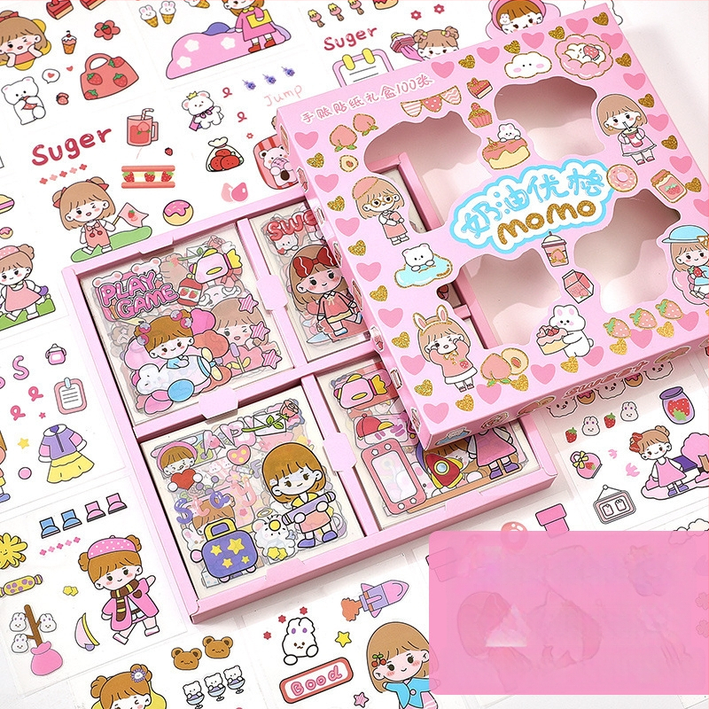 Set de 100 autocolante pentru jurnal, PET transparent, personaje de desene animate, impermeabile, fără reziduuri, decor DIY