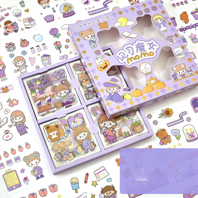 Set de 100 autocolante pentru jurnal, PET transparent, personaje de desene animate, impermeabile, fără reziduuri, decor DIY