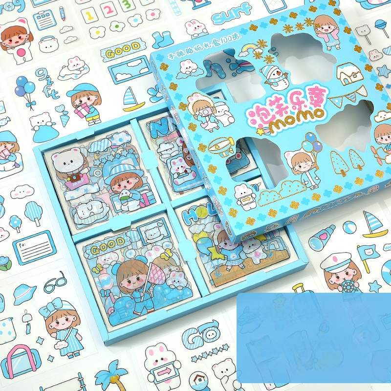 Set de 100 autocolante pentru jurnal, PET transparent, personaje de desene animate, impermeabile, fără reziduuri, decor DIY