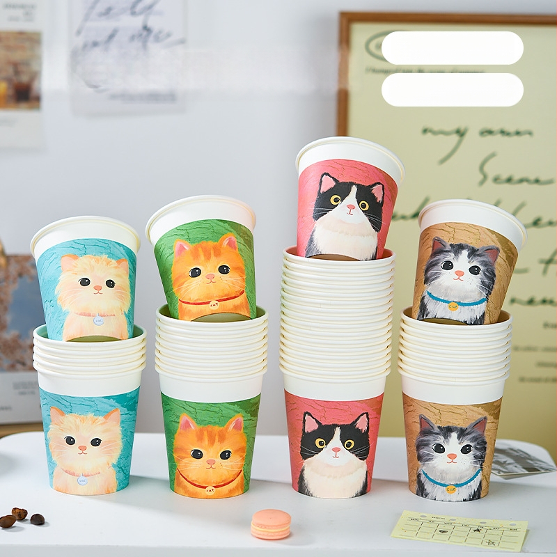 Cupe de hârtie de unică folosință în stil pictură în ulei, cu pui drăguț, 250 ml, grosime mai mare, pentru uz casnic, model cartoon, cutie cu 50 bucăți