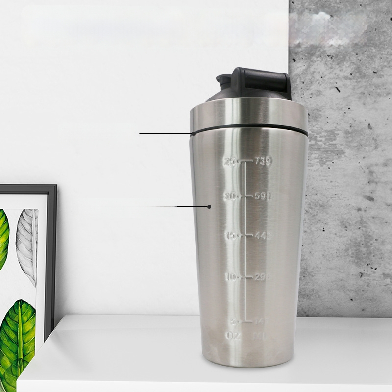 Sticlă shaker din oțel inoxidabil 304, 750 ml, compartiment unic cu scară, mare capacitate, pentru fitness în aer liber