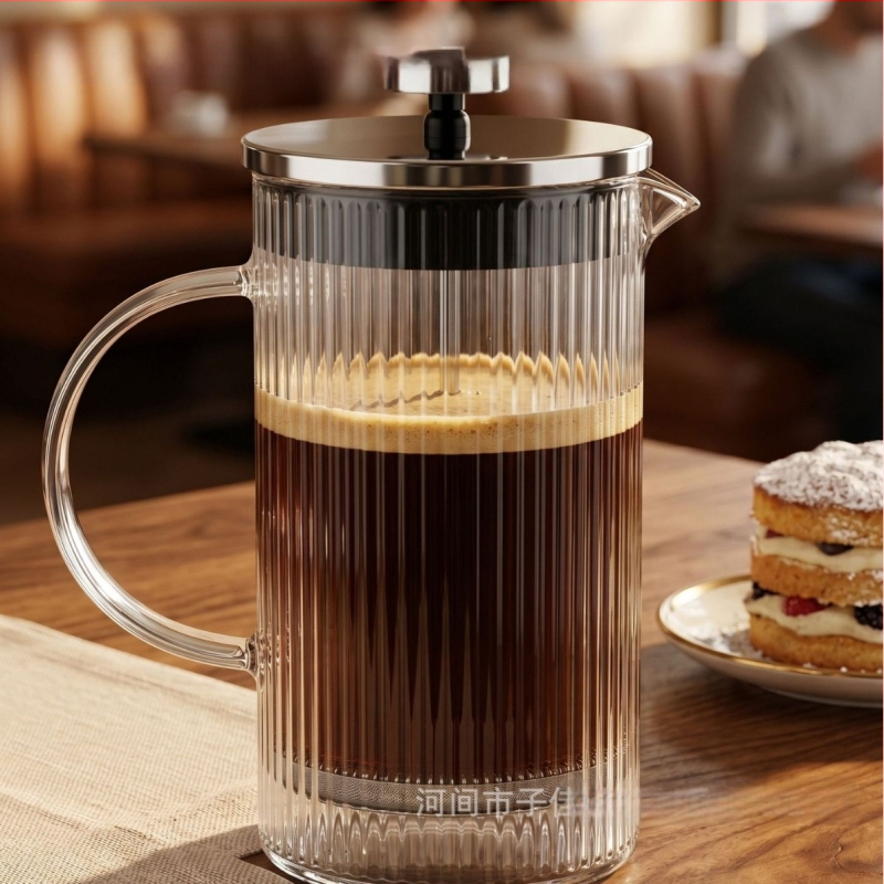 Cafetieră franceză din sticlă cu dungi verticale, rezistentă la temperaturi, capacitate mare pentru uz casnic sau în birou