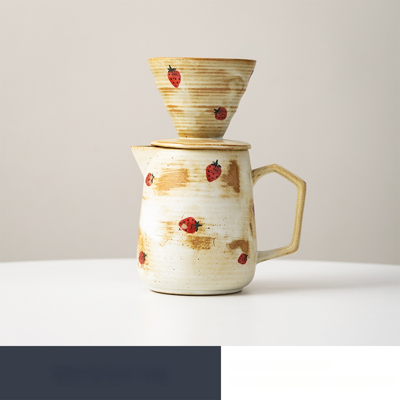 Cană ceramică pentru cafea pour-over cu filtru și ceainic floral – stil vintage uzat, set rafinat pentru ceaiul de după-amiază