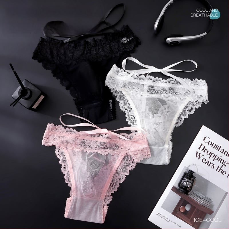 Slip bărbați din dantelă franțuzească cu plasă, decupare în spate, funda, talie joasă