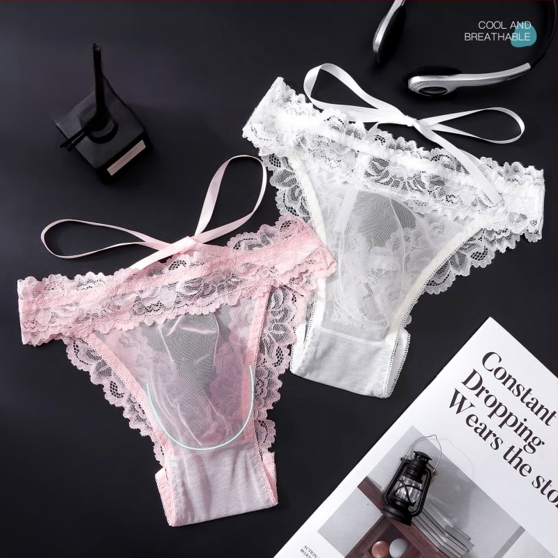 Slip bărbați din dantelă franțuzească cu plasă, decupare în spate, funda, talie joasă
