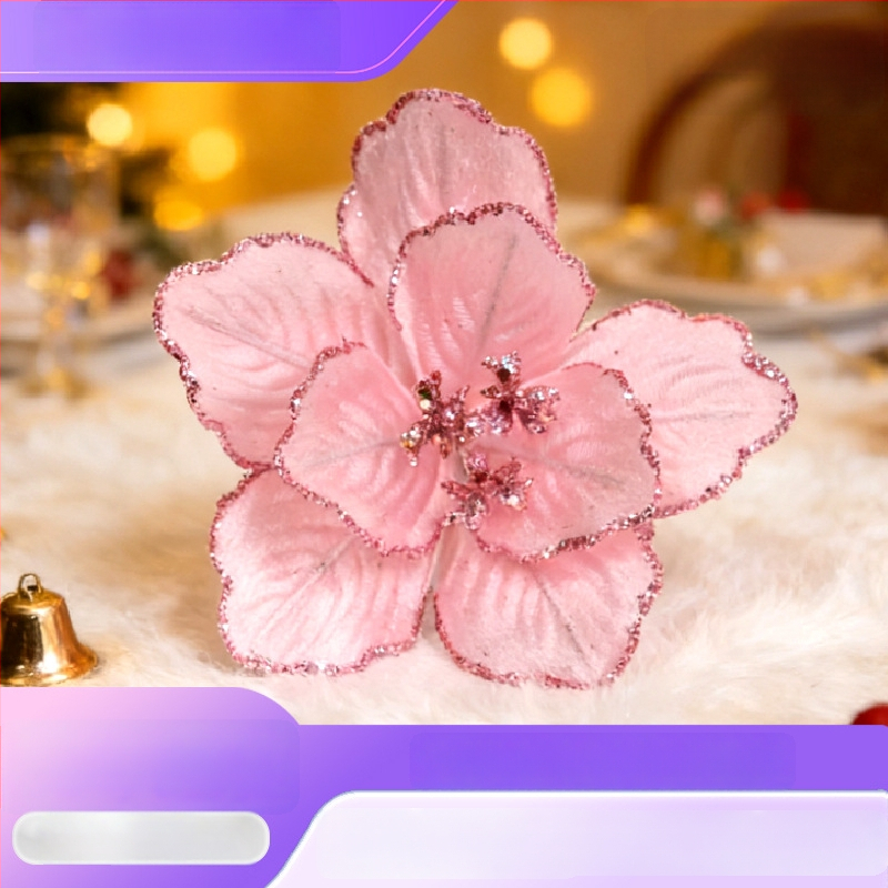 Ornamente pentru brad artificiale roșii, cu două niveluri, margini aurii cu sclipici, aranjamente florale de Crăciun