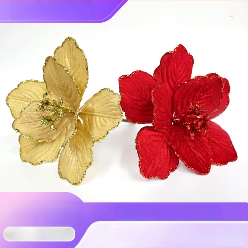 Ornamente pentru brad artificiale roșii, cu două niveluri, margini aurii cu sclipici, aranjamente florale de Crăciun