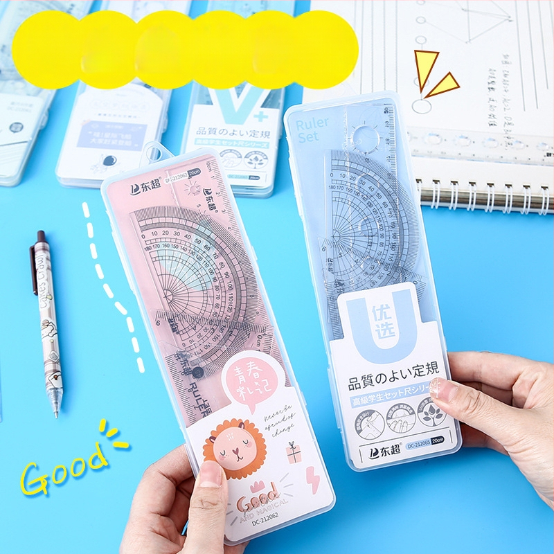 Set de rigle multifuncționale pentru elevi, în cutie transparentă, patru piese: riglă triunghiulară, riglă dreaptă și unghiometru, design animat