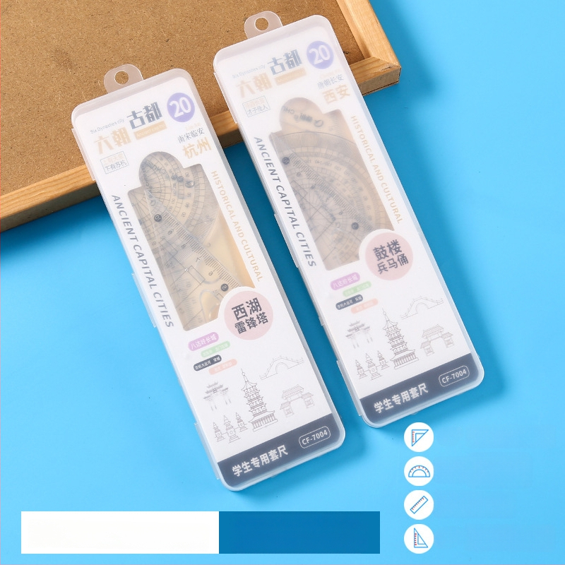 Set de rigle multifuncționale pentru elevi, în cutie transparentă, patru piese: riglă triunghiulară, riglă dreaptă și unghiometru, design animat