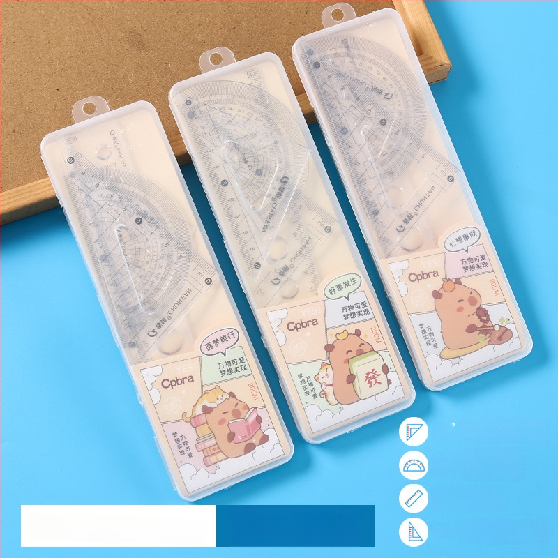 Set de rigle multifuncționale pentru elevi, în cutie transparentă, patru piese: riglă triunghiulară, riglă dreaptă și unghiometru, design animat