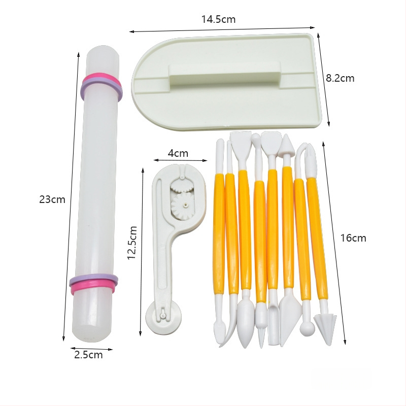 Set de unelte pentru patiserie – 4 modele, 11 piese set cu forme pentru fondant și biscuiți, versiune cu rulou de patiserie, set de 4 piese