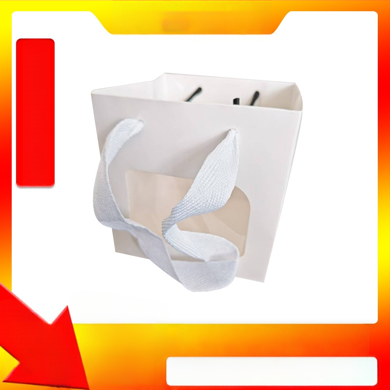 Sac de cadouri mic cu fereastră transparentă, bază plată, mâner din sfoară de bumbac, potrivit pentru buchete, păpuși și felicitări