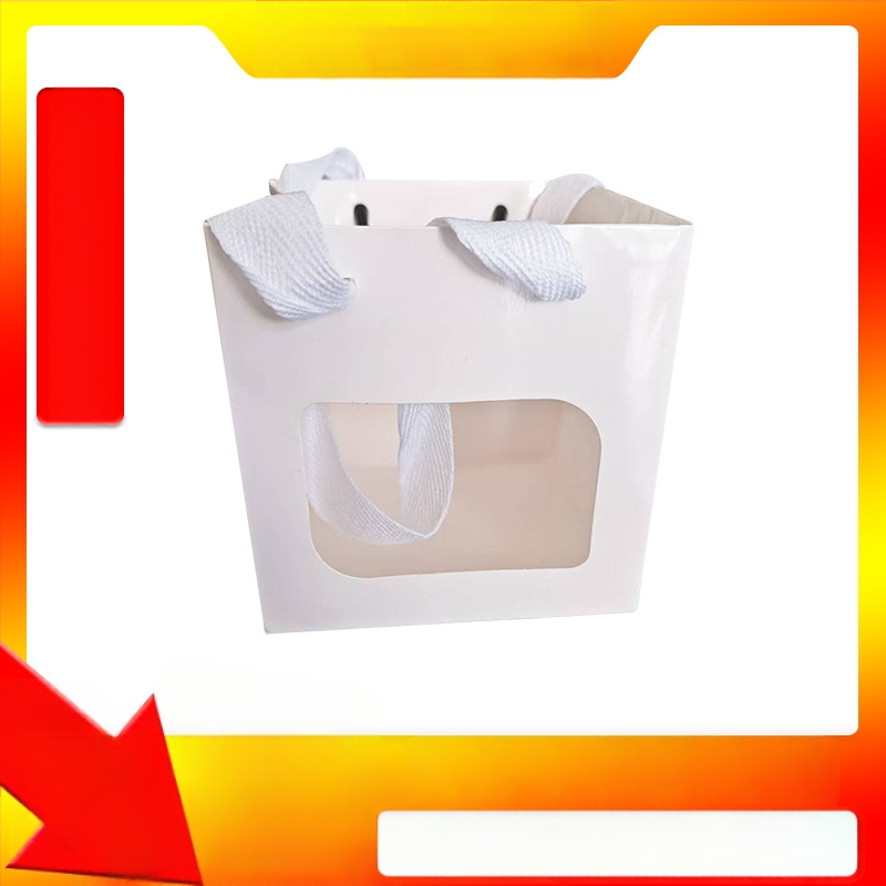 Sac de cadouri mic cu fereastră transparentă, bază plată, mâner din sfoară de bumbac, potrivit pentru buchete, păpuși și felicitări