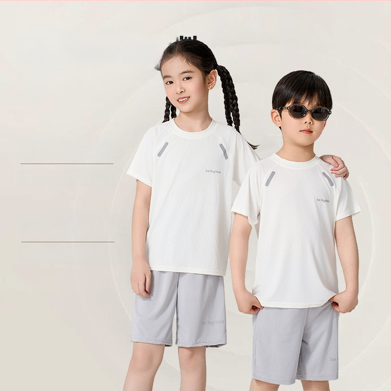 Set pentru copii, uscare rapidă: tricou cu mânecă scurtă și pantaloni scurți, vară, țesătură Ice Silk cu plasă, unisex, pentru copii 3–8 ani.