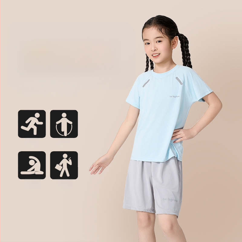 Set pentru copii, uscare rapidă: tricou cu mânecă scurtă și pantaloni scurți, vară, țesătură Ice Silk cu plasă, unisex, pentru copii 3–8 ani.