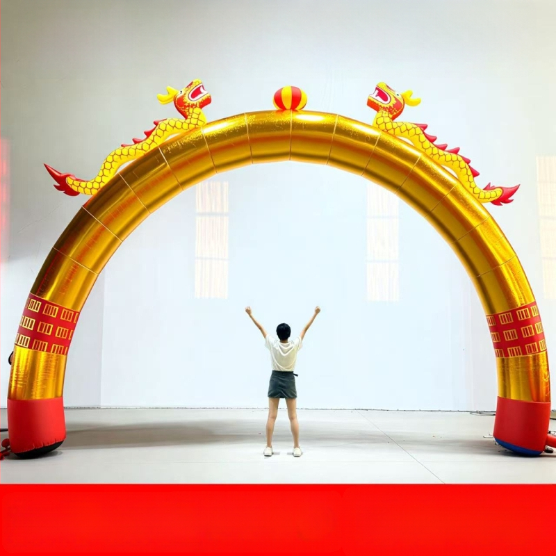 Arc gonflabil de nuntă cu curcubeu auriu, dragon și phoenix, iluminare exterioară