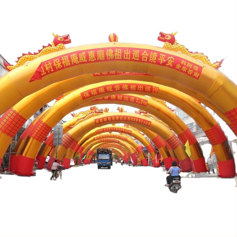 Arc gonflabil de nuntă cu curcubeu auriu, dragon și phoenix, iluminare exterioară