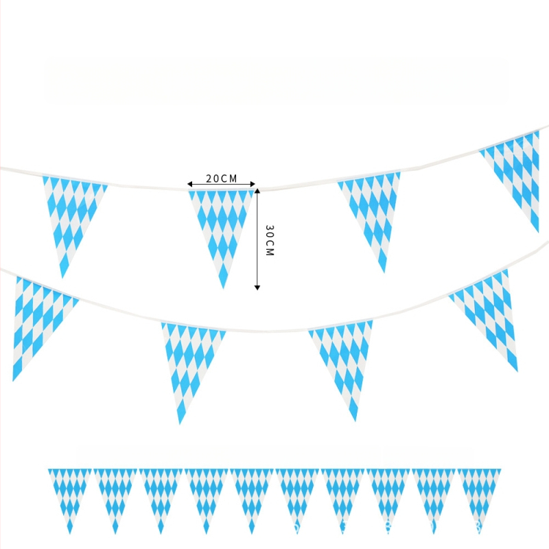 Steag triangular PE pentru Oktoberfest, albastru și alb bavarez, imprimare față-verso