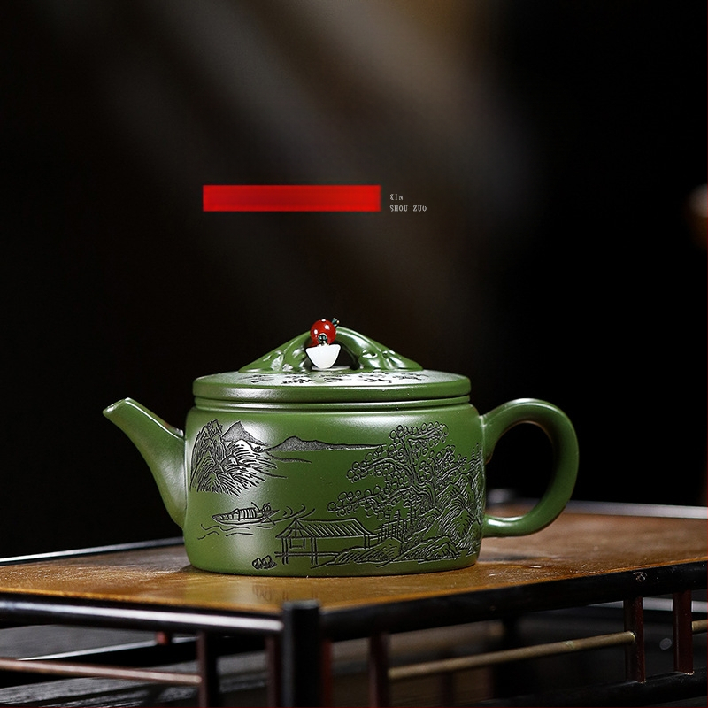 Ceainic Yixing din lut purpuriu, lucrat manual, cu design de plăci Han Jiangnan – set de ceai