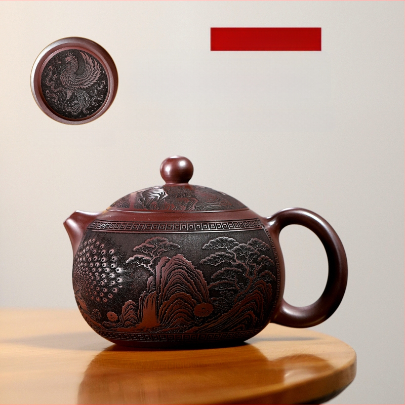 Ceainic Yixing din lut purpuriu – realizat parțial manual, model Songjian Xishi, 670 ml, set de ceai cu capacitate mare