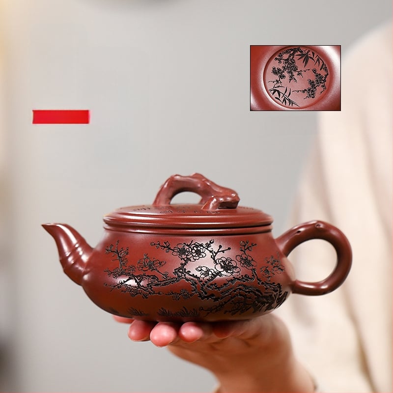 Ceainic Yixing din argilă mov Dragon Blood, semi-manual, suprafață gravată