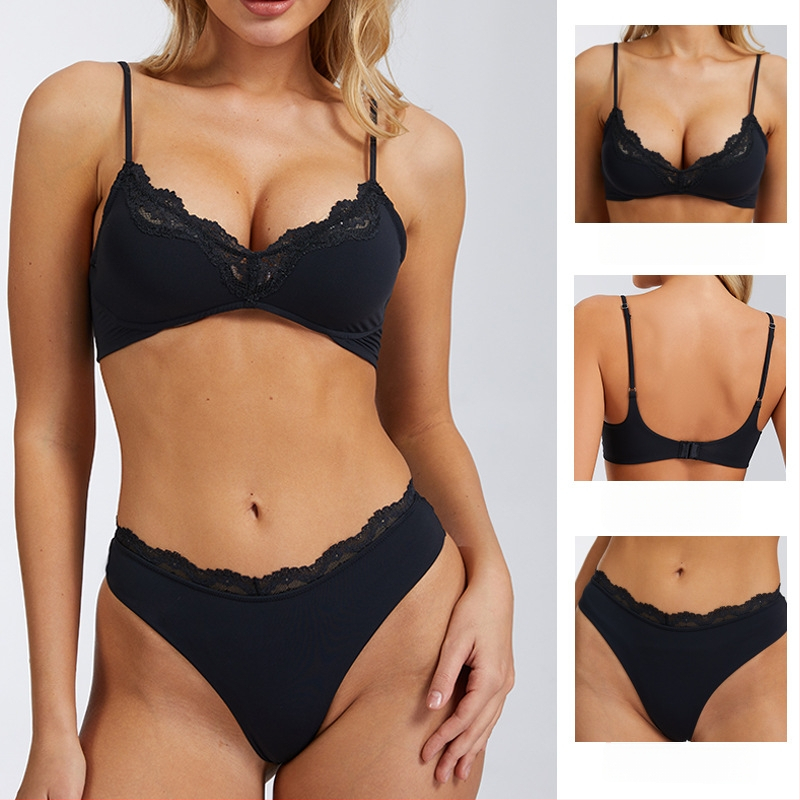 Set de lenjerie sexy in stil francez, dantela florala, sutien push-up, uscarea rapida si respirabil pentru femei