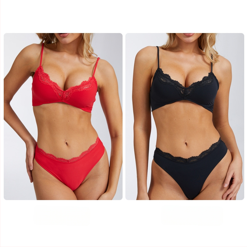 Set de lenjerie sexy in stil francez, dantela florala, sutien push-up, uscarea rapida si respirabil pentru femei