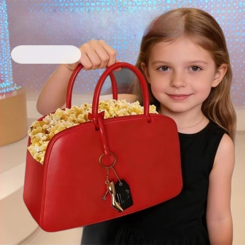 Geantă de mână din piele în formă de popcorn bucket, stil vintage Boston, model Queen 2, cu un pandantiv atârnat și cusături decorative
