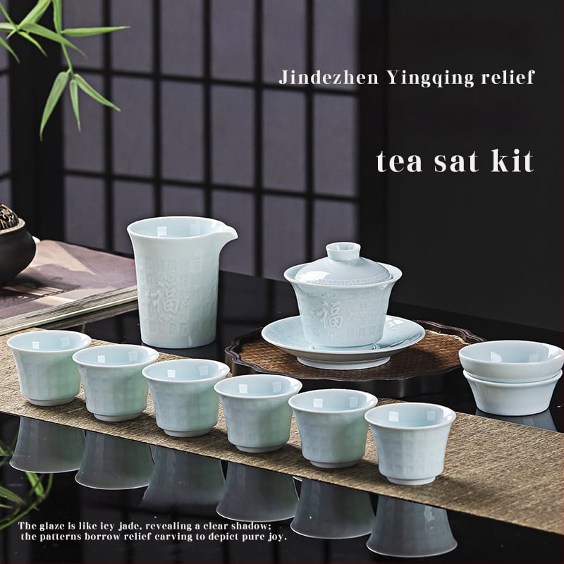 Set de ceai din porțelan Celadon, cu glazură la temperatură înaltă, design în relief, gaiwan și cești, personalizabil, cadou corporativ