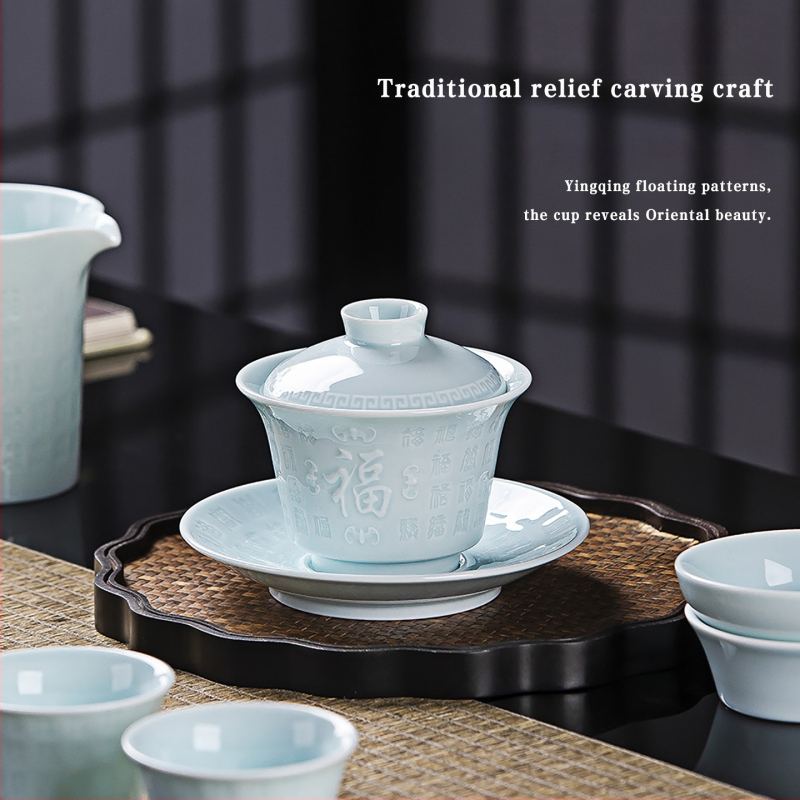 Set de ceai din porțelan Celadon, cu glazură la temperatură înaltă, design în relief, gaiwan și cești, personalizabil, cadou corporativ