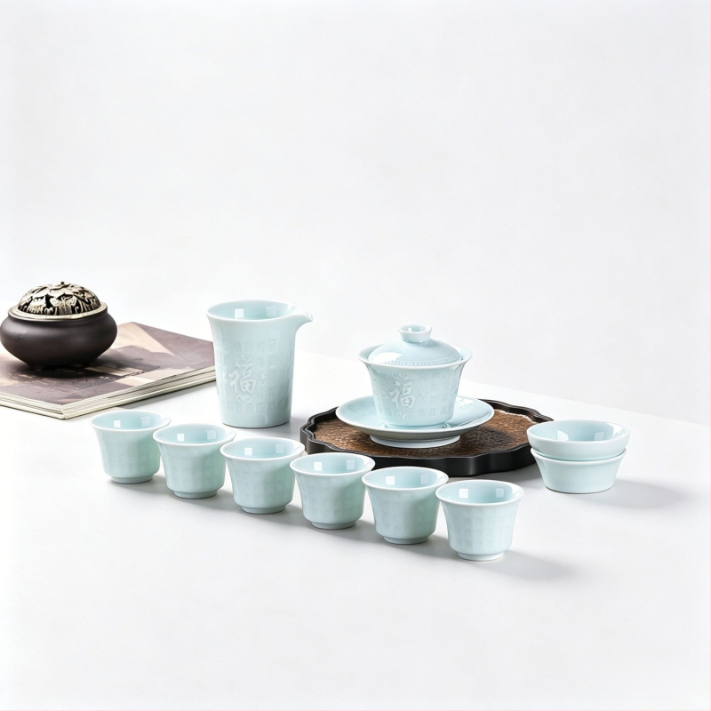 Set de ceai din porțelan Celadon, cu glazură la temperatură înaltă, design în relief, gaiwan și cești, personalizabil, cadou corporativ