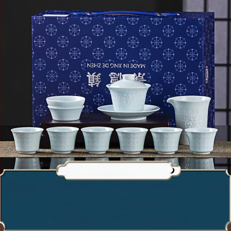 Set de ceai din porțelan Celadon, cu glazură la temperatură înaltă, design în relief, gaiwan și cești, personalizabil, cadou corporativ