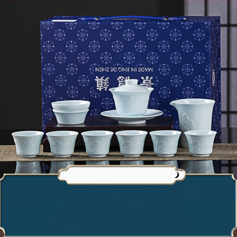 Set de ceai din porțelan Celadon, cu glazură la temperatură înaltă, design în relief, gaiwan și cești, personalizabil, cadou corporativ