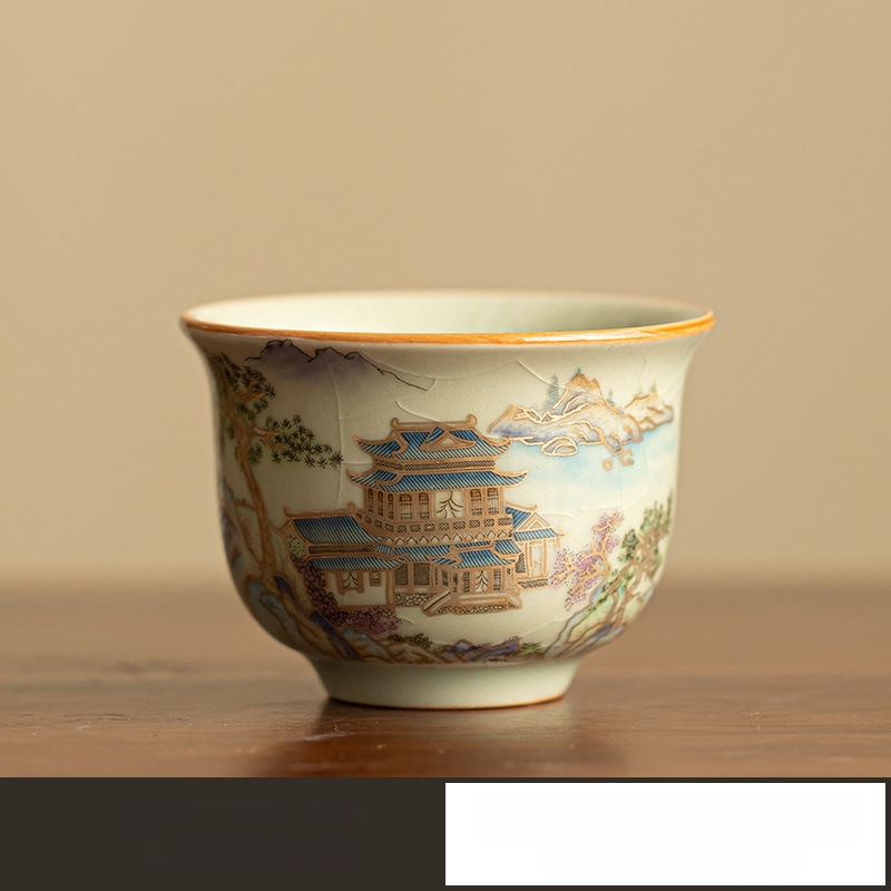 Set gaiwan din ceramică Ru kiln cu motiv peisaj, ceainică și cești, ceașă gazdă, glazură craquelată cu detalii aurii, set cadou Gongfu ceai