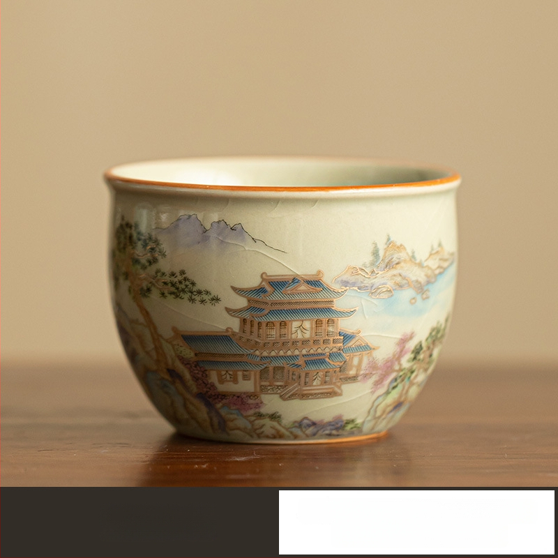 Set gaiwan din ceramică Ru kiln cu motiv peisaj, ceainică și cești, ceașă gazdă, glazură craquelată cu detalii aurii, set cadou Gongfu ceai