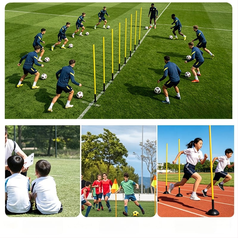 Markeri de teren personalizați pentru fotbal, stegulețe de colț, baze cu arc și stâlpi pentru obstacole la antrenament