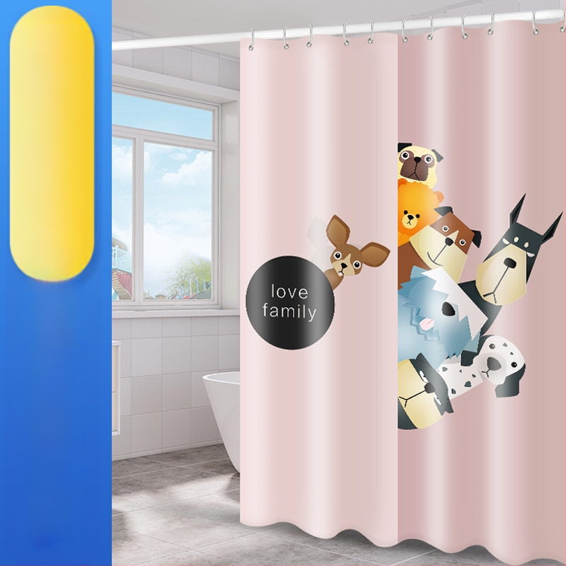Cortină de duș cu motiv familie de câini, poliester gros, impermeabilă și rezistentă la mucegai, transparentă, stil modern minimalist