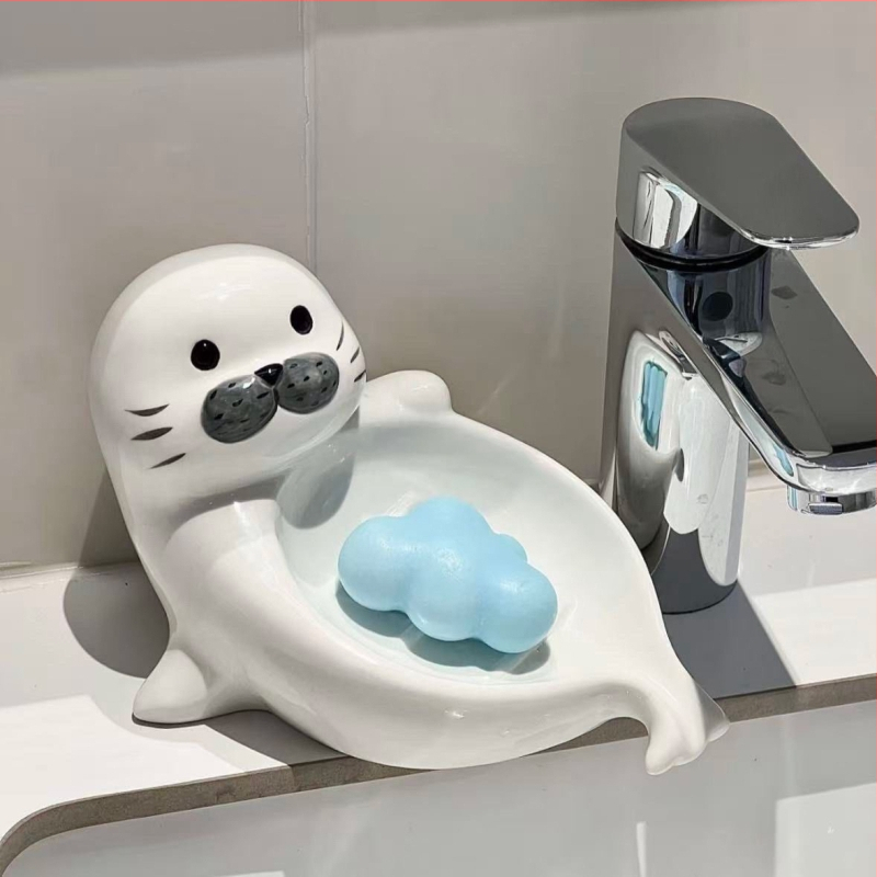 Suport ceramic pentru săpun în formă de focă, cu drenaj, pentru baie