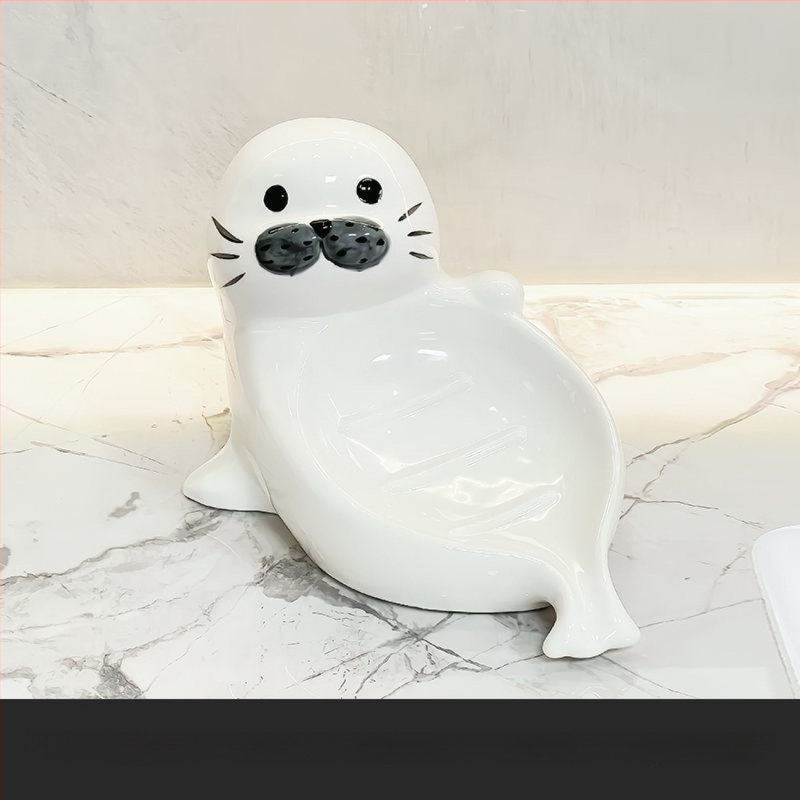 Suport ceramic pentru săpun în formă de focă, cu drenaj, pentru baie