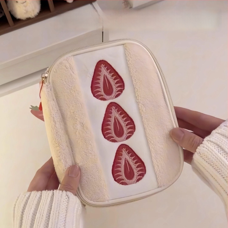 Geantă de depozitare din pluș Strawberry Sandwich, gentuță cosmetică și de igienă, cu capacitate mare, formă cub, pentru fete