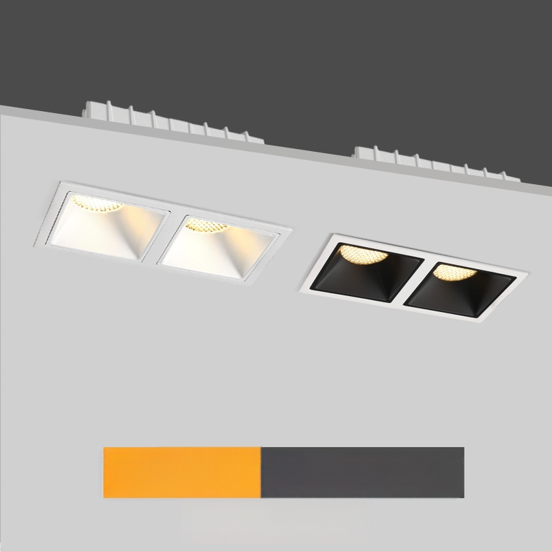 Spot LED pătrat încastrat cu două capete, anti‑reflexie profundă, iluminare dublă și grilaj hexagonal